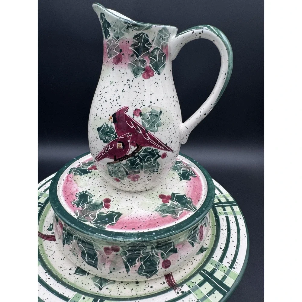 Vtg Christmas Cardinals Julie Ueland Cardinal Plate Cake Riser Plate Pitcher